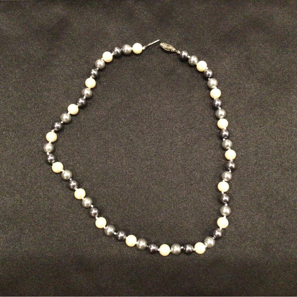 Cultured freshwater pearl necklace in white, grey, and black